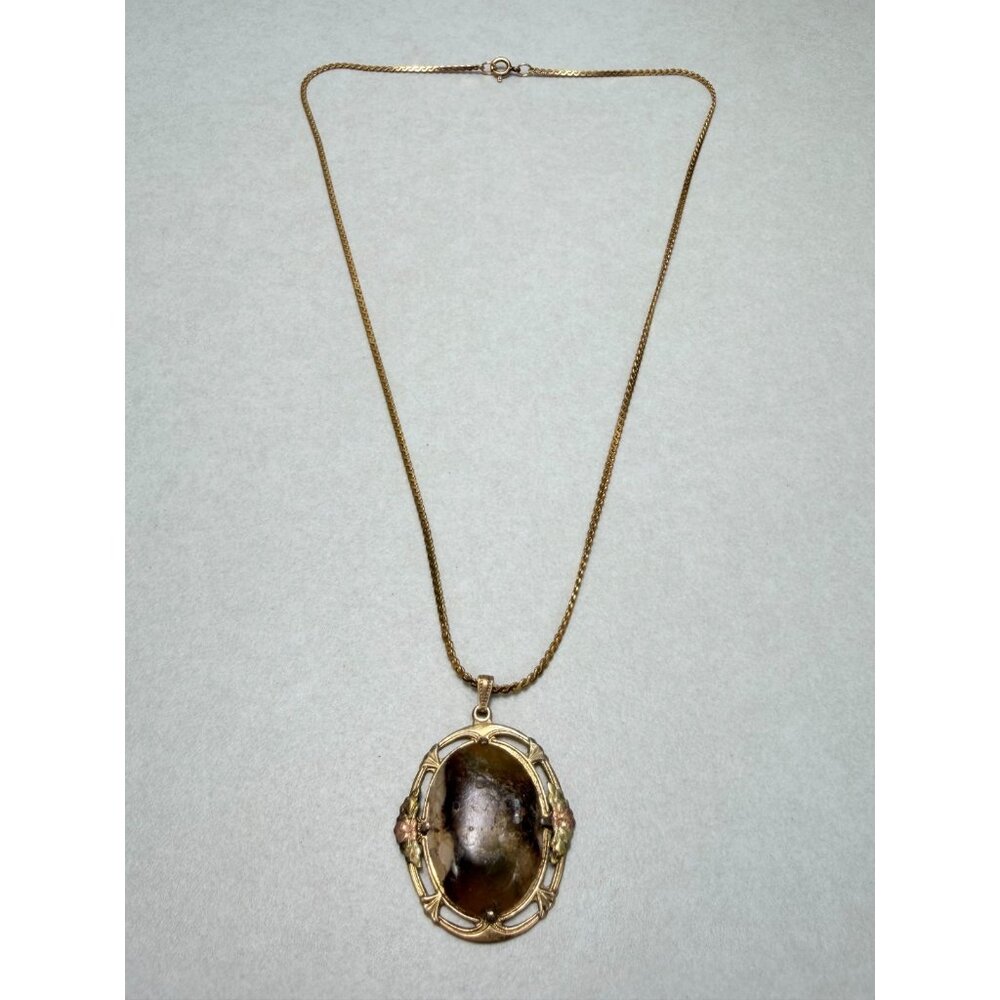 Vintage Gold Filled Large Brown Agate Pendant Art Nouveau Style Necklace - Picture 1 of 8